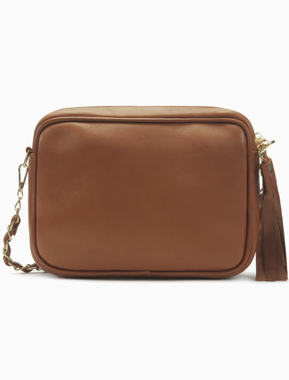 Cognac Tan Quilted Leather Camera Bag – Chain Strap Crossbody with Tassel