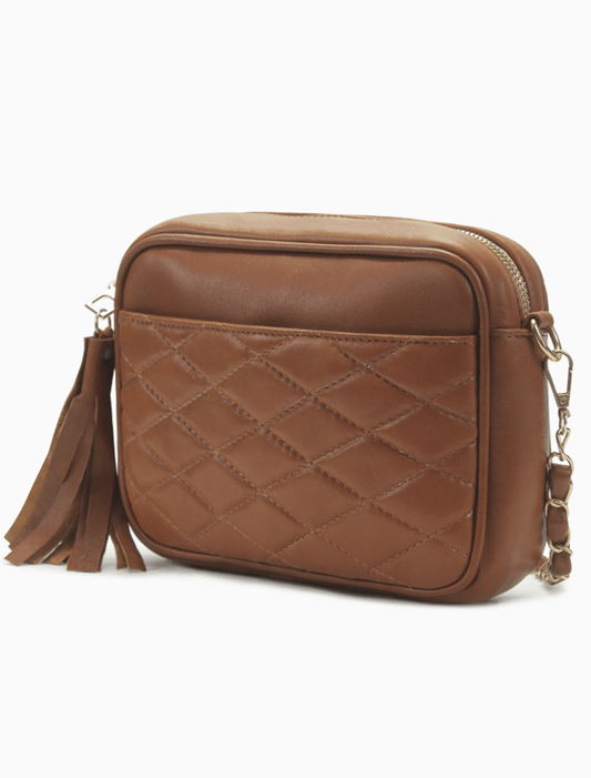 Cognac Tan Quilted Leather Camera Bag – Chain Strap Crossbody with Tassel