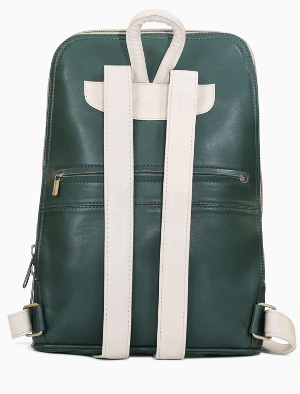Emerald Green & Off-White Leather Laptop Backpack – Slim Two-Tone Travel Rucksack