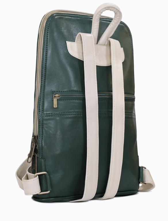 Emerald Green & Off-White Leather Laptop Backpack – Slim Two-Tone Travel Rucksack