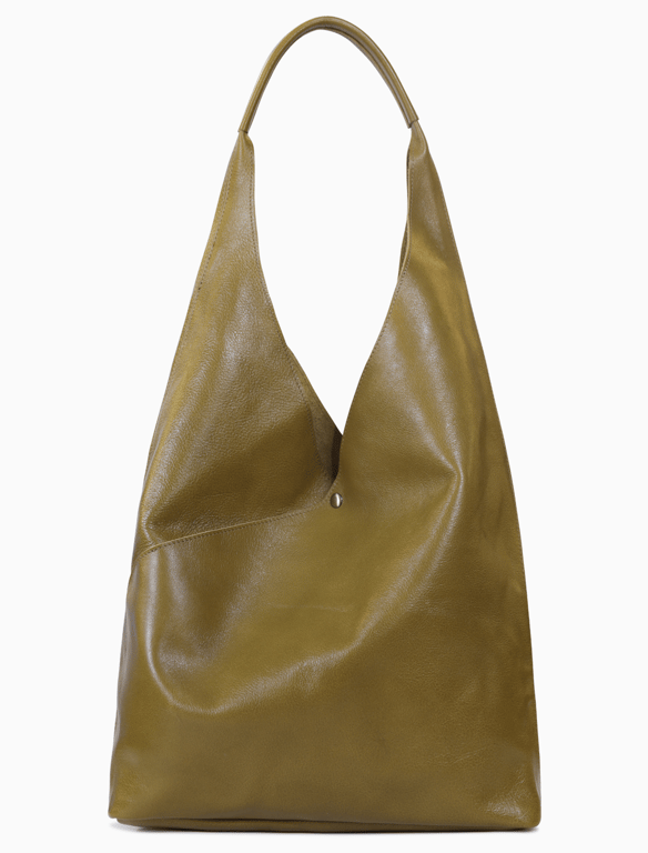 Olive Green Leather Slouchy Hobo Shoulder Bag – Soft Origami Triangle Tote