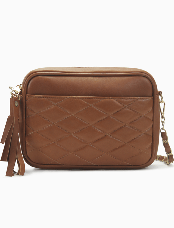 Cognac Tan Quilted Leather Camera Bag – Chain Strap Crossbody with Tassel
