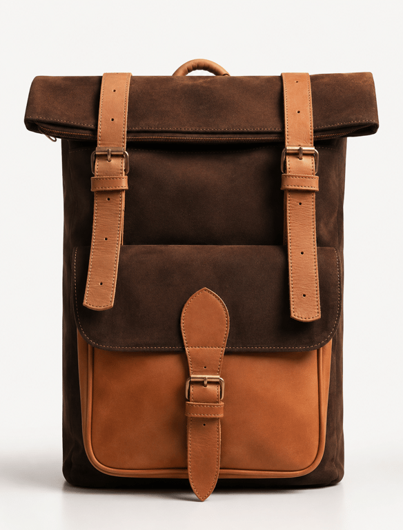 Vintage Leather Roll-Top Travel Backpack – Two-Tone Suede Laptop Rucksack