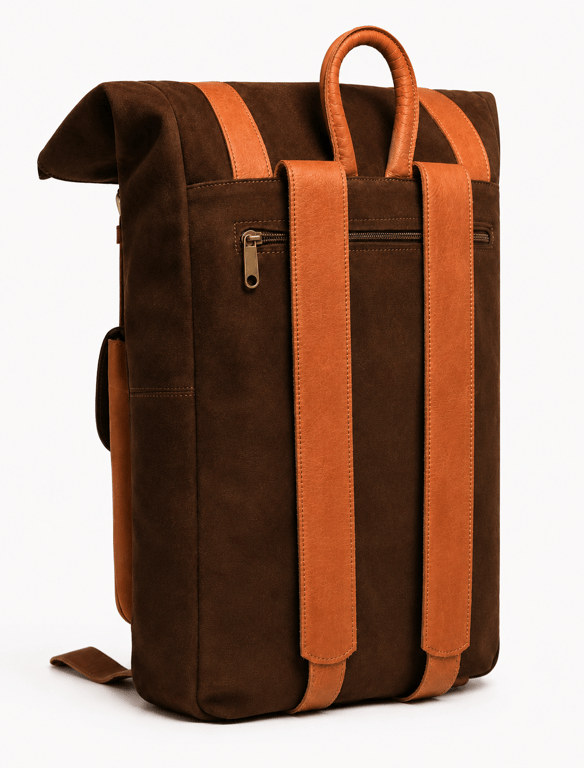 Vintage Leather Roll-Top Travel Backpack – Two-Tone Suede Laptop Rucksack