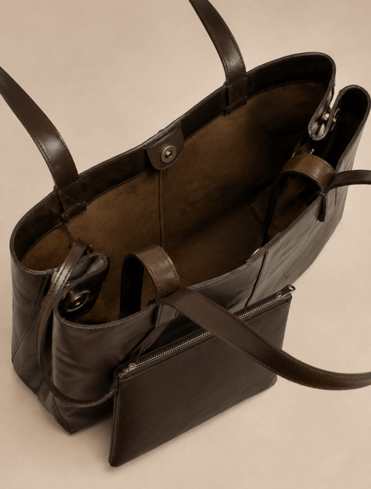 Dark Espresso Brown Leather Slouchy Tote Bag – Soft Shoulder Bag with Matching Zippered Pouch