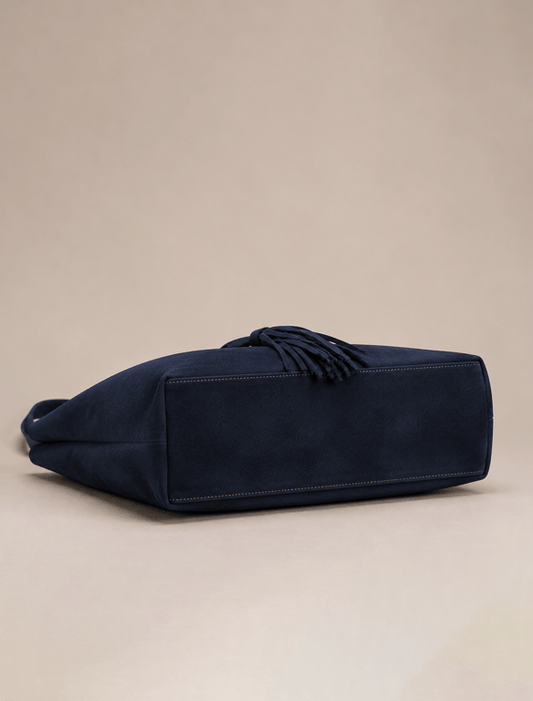Navy Blue Suede Leather Tote Bag – Classic Shoulder Purse with Tassel Closure
