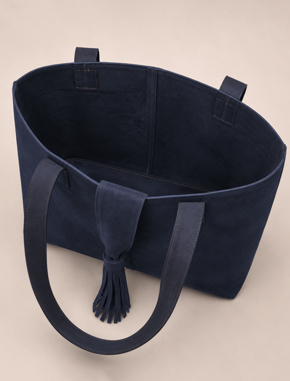 Navy Blue Suede Leather Tote Bag – Classic Shoulder Purse with Tassel Closure