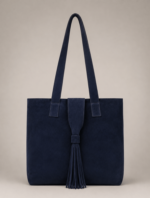 Navy Blue Suede Leather Tote Bag – Classic Shoulder Purse with Tassel Closure
