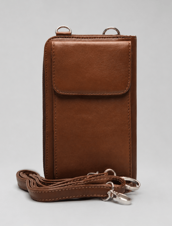 Chestnut Brown Leather Phone Wallet Crossbody Bag – Convertible Multi-Wear Bag