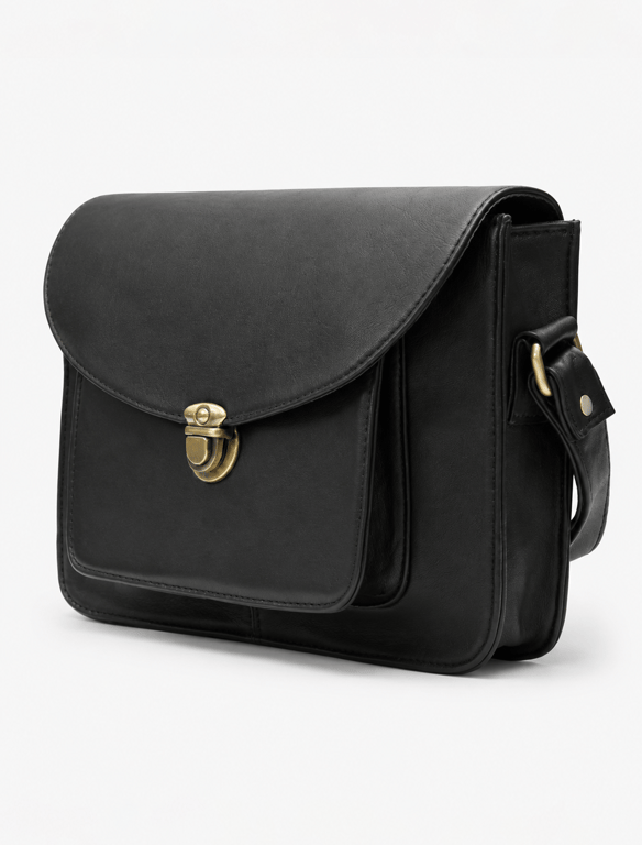 Classic Black Leather Crossbody Satchel – Vintage Messenger Bag with Front Pocket