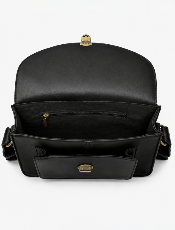 Classic Black Leather Crossbody Satchel – Vintage Messenger Bag with Front Pocket