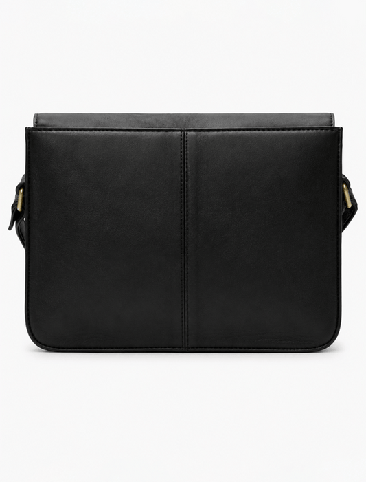 Classic Black Leather Crossbody Satchel – Vintage Messenger Bag with Front Pocket