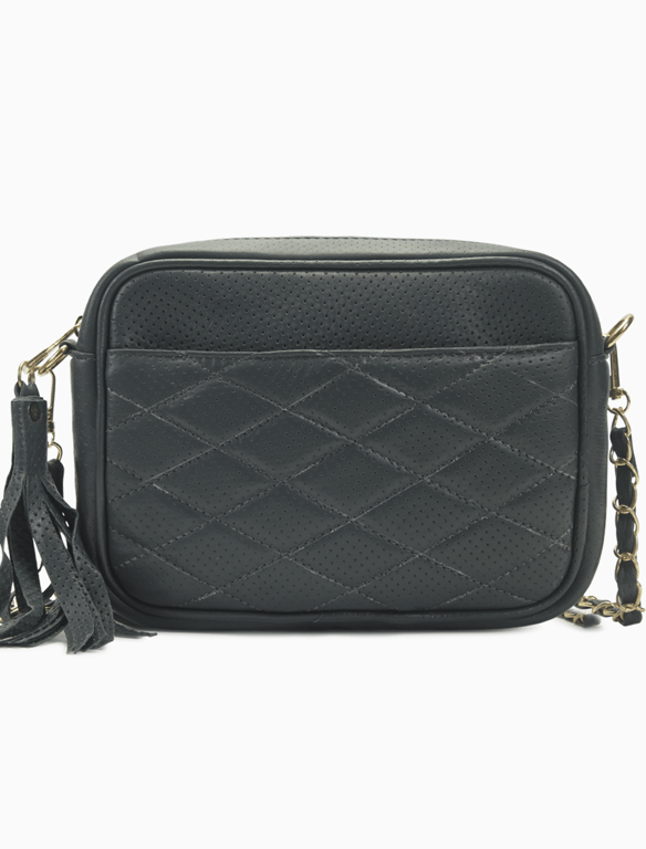 Black Quilted Perforated Leather Camera Bag – Chain Strap Crossbody with Tassel