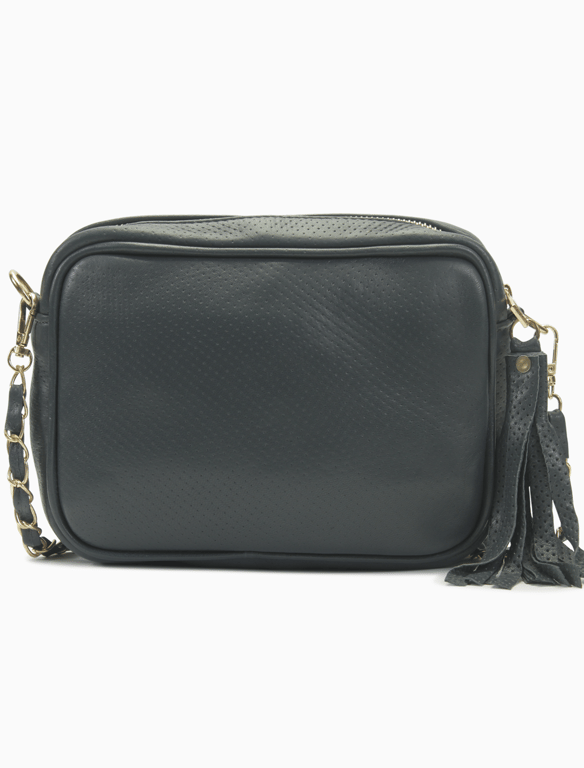 Black Quilted Perforated Leather Camera Bag – Chain Strap Crossbody with Tassel