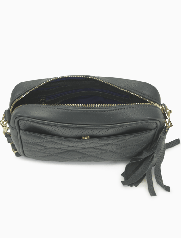 Black Quilted Perforated Leather Camera Bag – Chain Strap Crossbody with Tassel