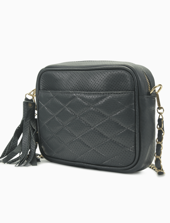 Black Quilted Perforated Leather Camera Bag – Chain Strap Crossbody with Tassel