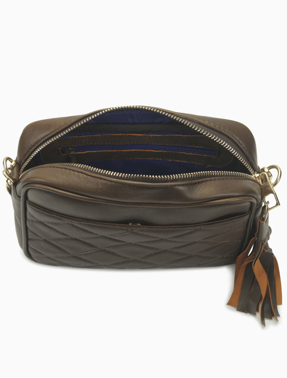 Olive Green Quilted Leather Camera Bag – Chain Strap Crossbody with Tassel