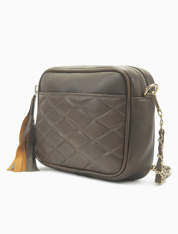 Olive Green Quilted Leather Camera Bag – Chain Strap Crossbody with Tassel
