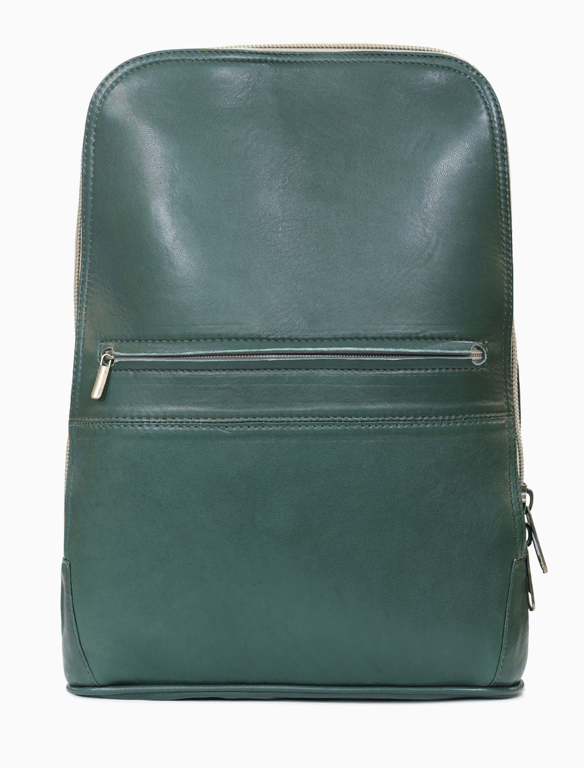 Emerald Green & Off-White Leather Laptop Backpack – Slim Two-Tone Travel Rucksack