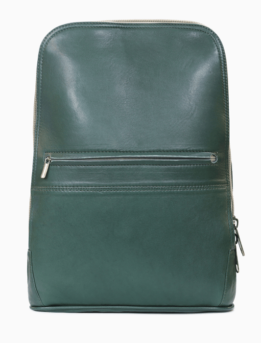 Emerald Green & Off-White Leather Laptop Backpack – Slim Two-Tone Travel Rucksack