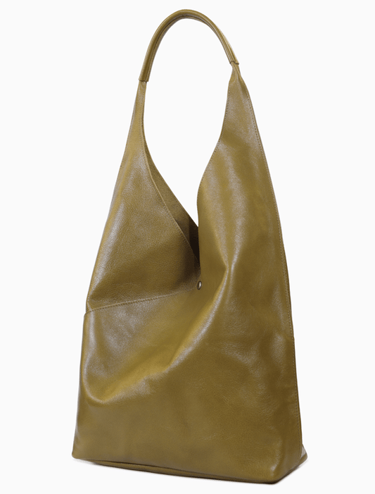 Olive Green Leather Slouchy Hobo Shoulder Bag – Soft Origami Triangle Tote