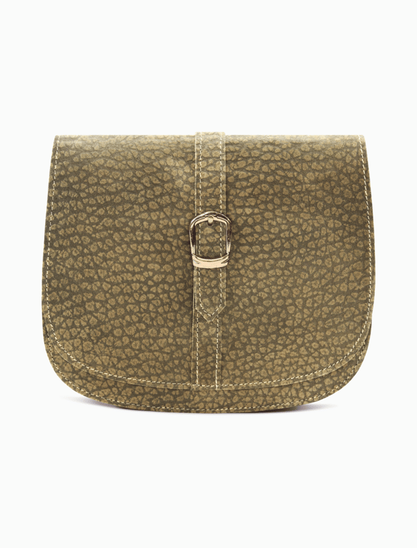 Textured Olive Green Leather Saddle Bag – Vintage Buckle Crossbody Purse