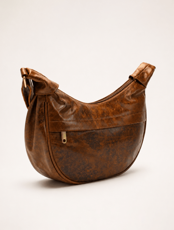 Vintage Chestnut Leather Sling Bag – Distressed Crescent Crossbody Purse