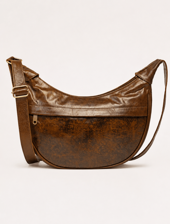Vintage Chestnut Leather Sling Bag – Distressed Crescent Crossbody Purse