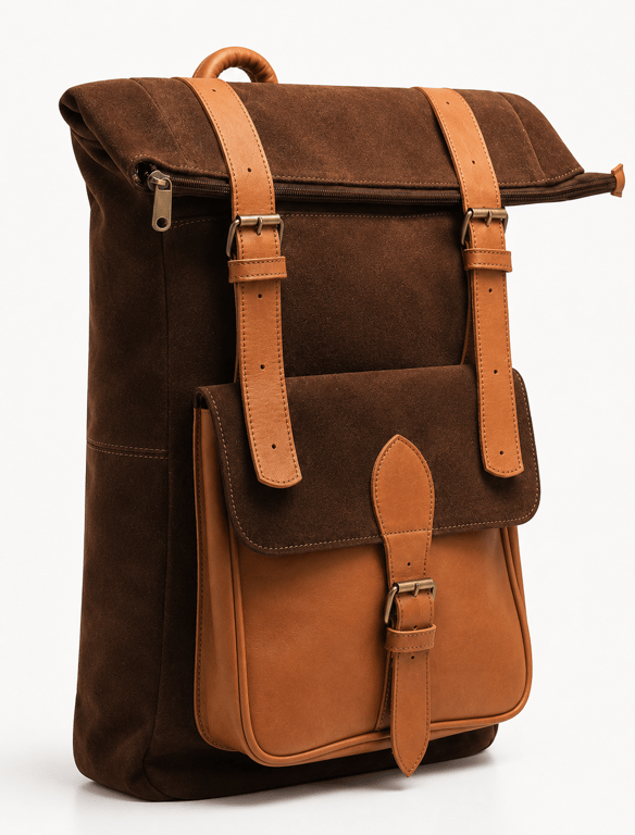 Vintage Leather Roll-Top Travel Backpack – Two-Tone Suede Laptop Rucksack