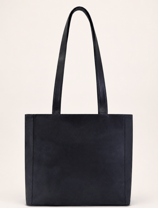 Minimalist Black Leather Tote Bag – Zippered Everyday Shoulder Bag