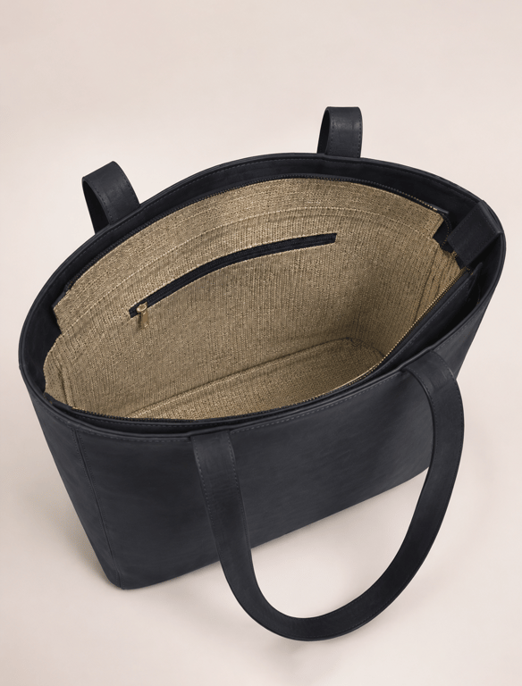 Minimalist Black Leather Tote Bag – Zippered Everyday Shoulder Bag