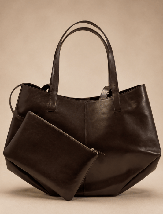 Dark Espresso Brown Leather Slouchy Tote Bag – Soft Shoulder Bag with Matching Zippered Pouch