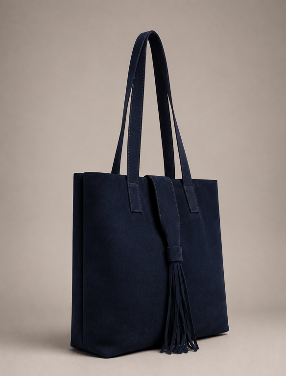Navy Blue Suede Leather Tote Bag – Classic Shoulder Purse with Tassel Closure