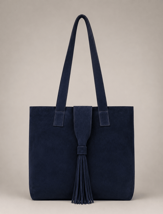 Navy Blue Suede Leather Tote Bag – Classic Shoulder Purse with Tassel Closure