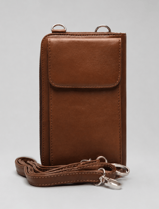 Chestnut Brown Leather Phone Wallet Crossbody Bag – Convertible Multi-Wear Bag