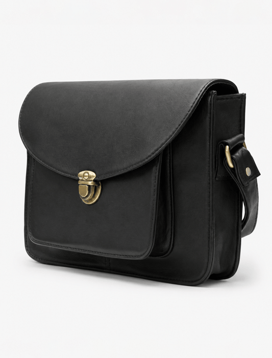 Classic Black Leather Crossbody Satchel – Vintage Messenger Bag with Front Pocket