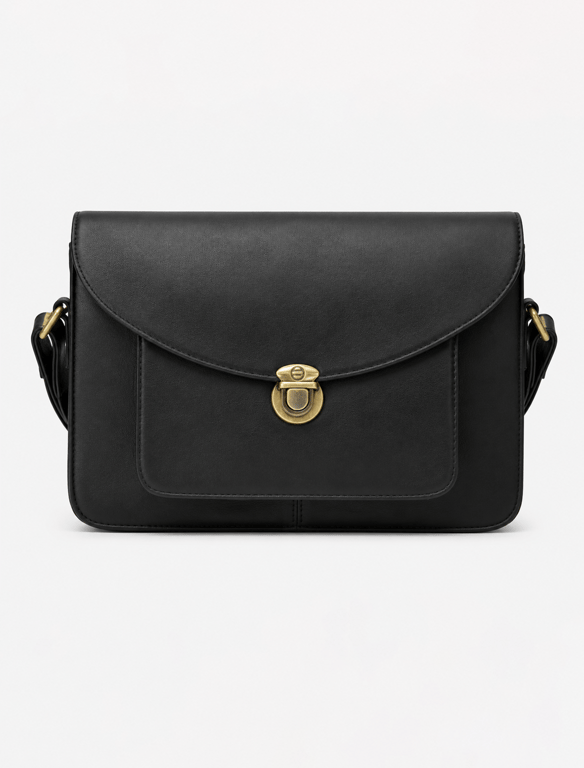 Classic Black Leather Crossbody Satchel – Vintage Messenger Bag with Front Pocket