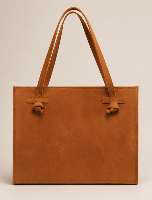 Structured Amber Tan Leather Tote Bag – Knotted Strap Laptop Work Bag
