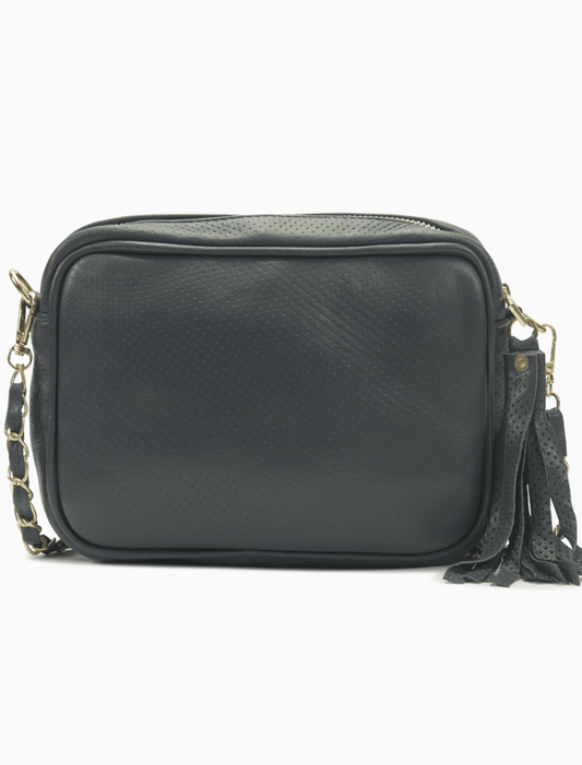 Black Quilted Perforated Leather Camera Bag – Chain Strap Crossbody with Tassel