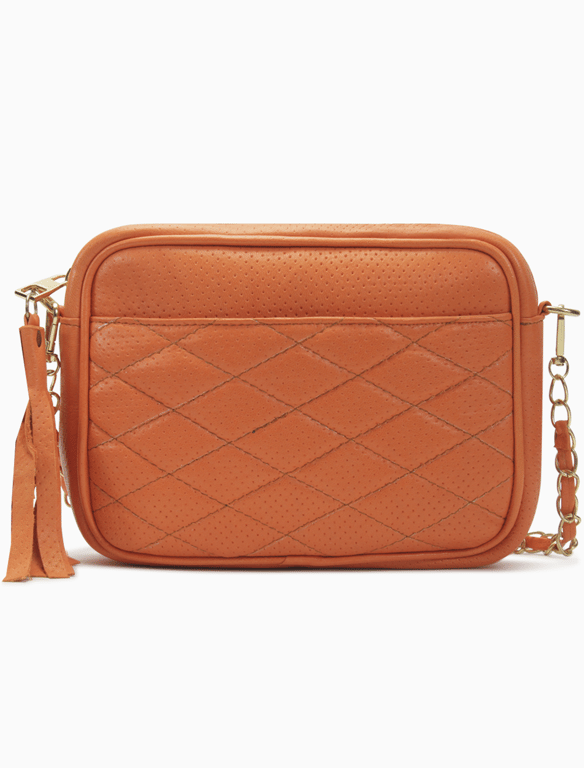 Burnt Orange Quilted Perforated Leather Camera Bag – Chain Strap Crossbody with Tassel
