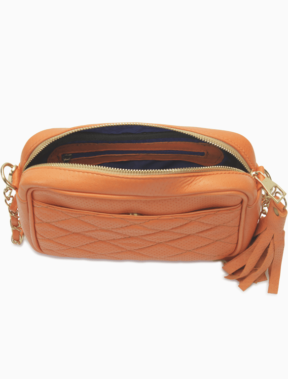 Burnt Orange Quilted Perforated Leather Camera Bag – Chain Strap Crossbody with Tassel