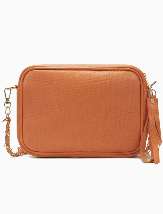 Burnt Orange Quilted Perforated Leather Camera Bag – Chain Strap Crossbody with Tassel