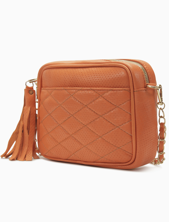 Burnt Orange Quilted Perforated Leather Camera Bag – Chain Strap Crossbody with Tassel