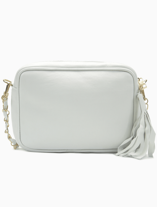 Pure White Quilted Leather Camera Bag – Chain Strap Crossbody with Tassel