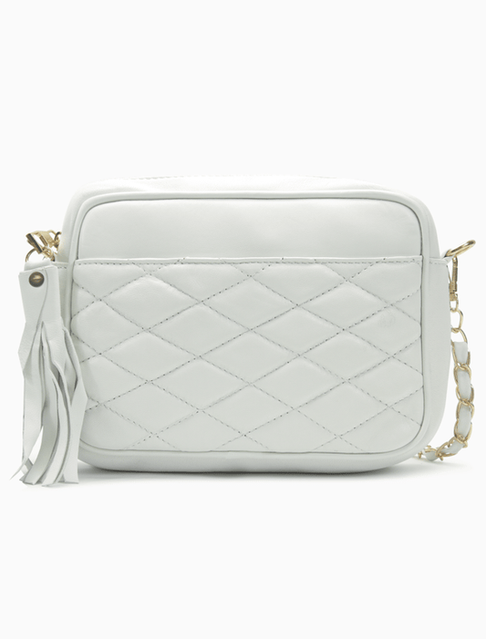 Pure White Quilted Leather Camera Bag – Chain Strap Crossbody with Tassel