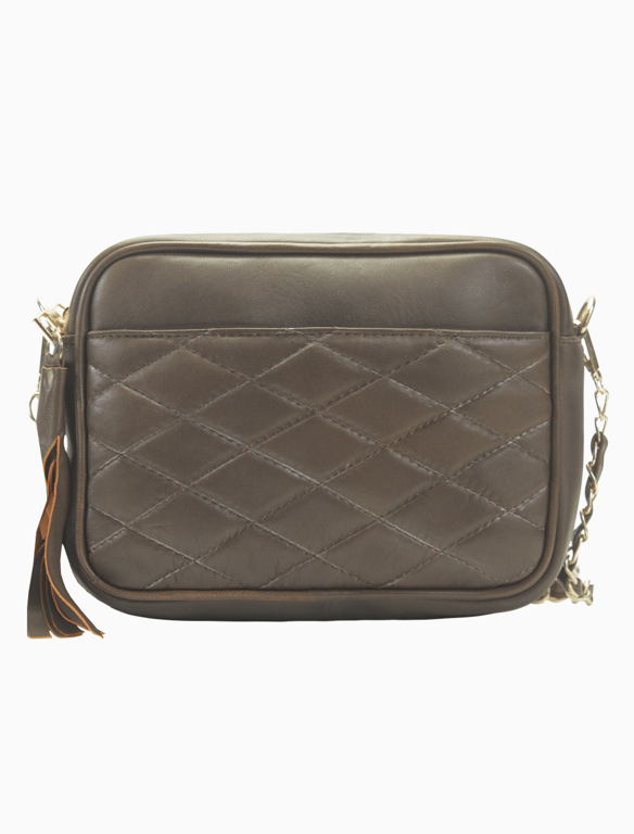 Olive Green Quilted Leather Camera Bag – Chain Strap Crossbody with Tassel
