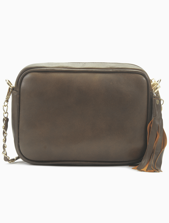 Olive Green Quilted Leather Camera Bag – Chain Strap Crossbody with Tassel